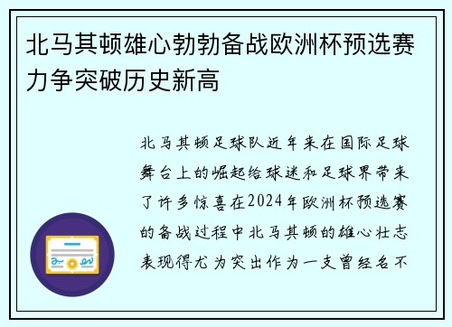 北马其顿雄心勃勃备战欧洲杯预选赛力争突破历史新高