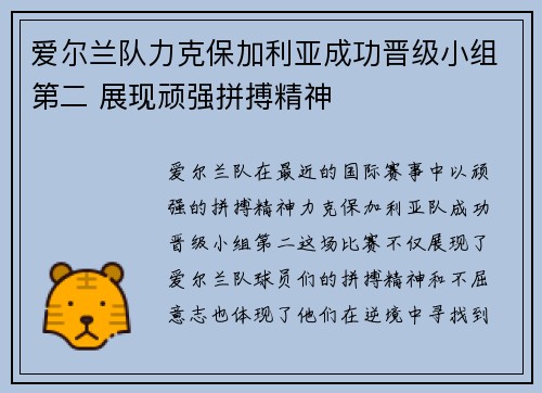 爱尔兰队力克保加利亚成功晋级小组第二 展现顽强拼搏精神