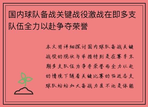 国内球队备战关键战役激战在即多支队伍全力以赴争夺荣誉