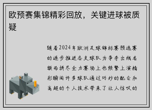 欧预赛集锦精彩回放，关键进球被质疑