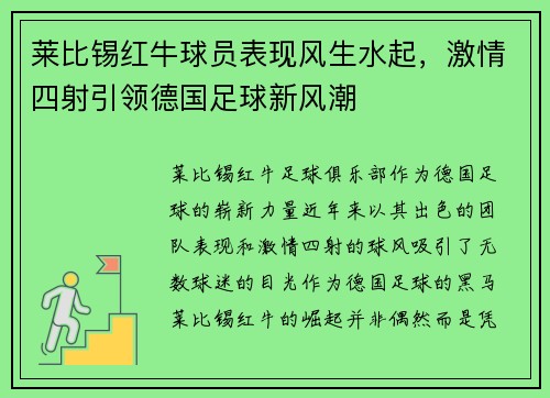 莱比锡红牛球员表现风生水起，激情四射引领德国足球新风潮